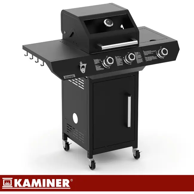 Kaminer Gasbarbecue 2+1 10 kW zwart met zijbrander, glazen deksel, gietijzeren rooster, rotisserie, LED-knoppen en hoes