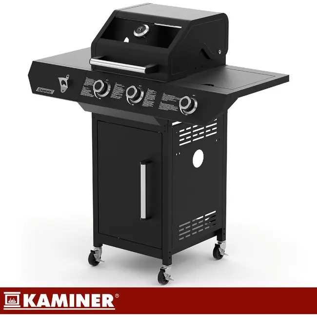 Kaminer Gasbarbecue 2+1 10 kW zwart met zijbrander, glazen deksel, gietijzeren rooster, rotisserie, LED-knoppen en hoes