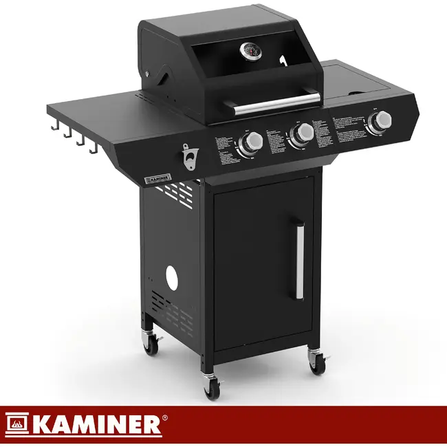 Kaminer Gasbarbecue 2+1 10 kW zwart met zijbrander, glazen deksel, gietijzeren rooster, rotisserie, LED-knoppen en hoes