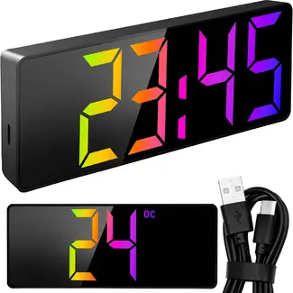 Izoxis Kleurrijke LED wekker met 34 leds, alarm, snooze, datum, temperatuur, 12/24 uurs formaat, nachtmodus en USB batterijvoeding