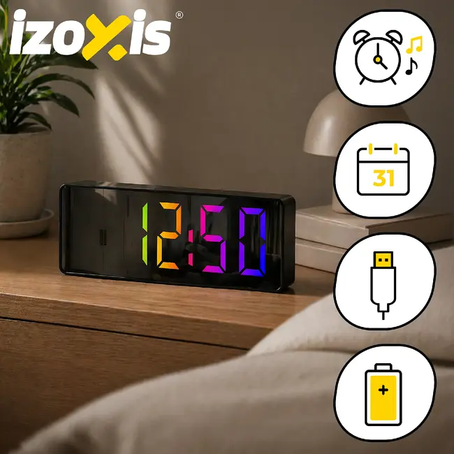 Izoxis Kleurrijke LED wekker met 34 leds, alarm, snooze, datum, temperatuur, 12/24 uurs formaat, nachtmodus en USB batterijvoeding