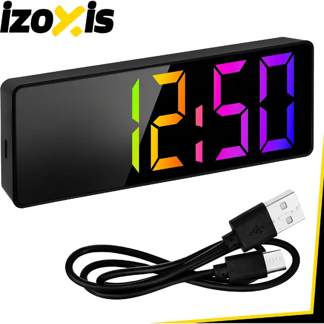 Izoxis Kleurrijke LED wekker met 34 leds, alarm, snooze, datum, temperatuur, 12/24 uurs formaat, nachtmodus en USB batterijvoeding