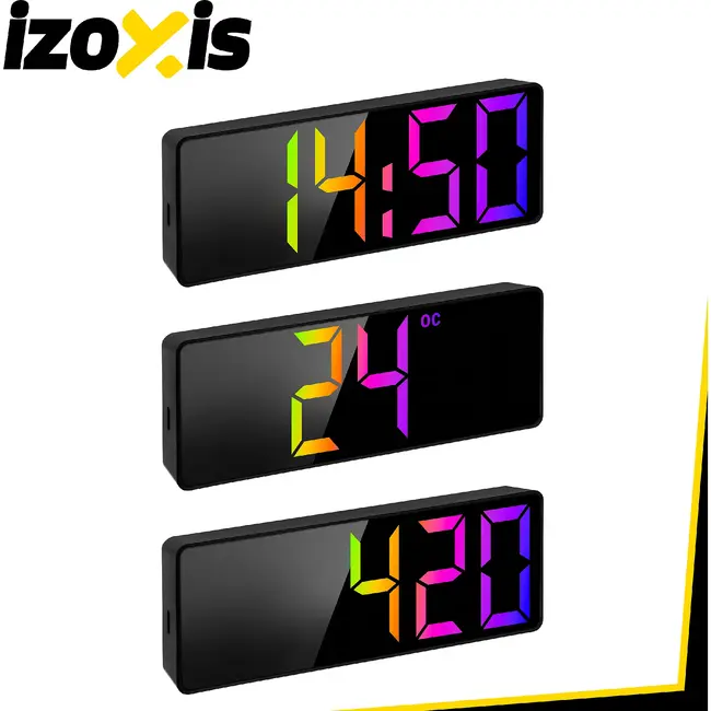Izoxis Kleurrijke LED wekker met 34 leds, alarm, snooze, datum, temperatuur, 12/24 uurs formaat, nachtmodus en USB batterijvoeding