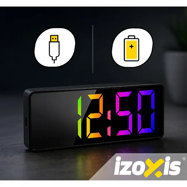 Izoxis Kleurrijke LED wekker met 34 leds, alarm, snooze, datum, temperatuur, 12/24 uurs formaat, nachtmodus en USB batterijvoeding