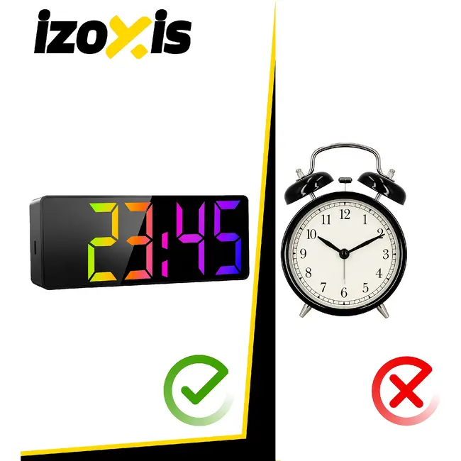Izoxis Kleurrijke LED wekker met 34 leds, alarm, snooze, datum, temperatuur, 12/24 uurs formaat, nachtmodus en USB batterijvoeding