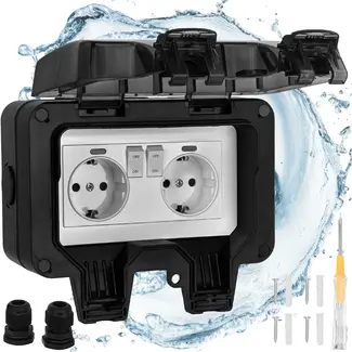 Izoxis Dubbel buitenstopcontact IP66 230 tot 250 V met 2 aansluitingen, ABS behuizing, klep en opbouwmontage voor tuin
