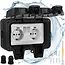 Izoxis Dubbel buitenstopcontact IP66 230 tot 250 V met 2 aansluitingen, ABS behuizing, klep en opbouwmontage voor tuin