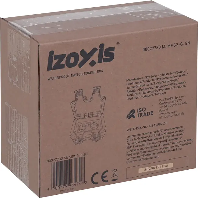 Izoxis Dubbel buitenstopcontact IP66 230 tot 250 V met 2 aansluitingen, ABS behuizing, klep en opbouwmontage voor tuin