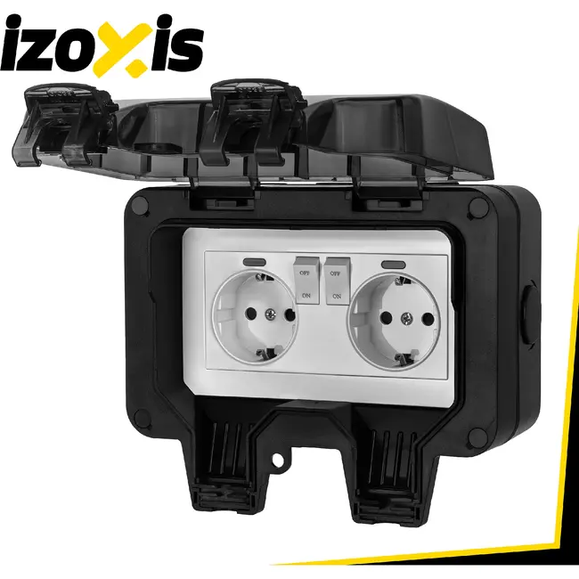 Izoxis Dubbel buitenstopcontact IP66 230 tot 250 V met 2 aansluitingen, ABS behuizing, klep en opbouwmontage voor tuin
