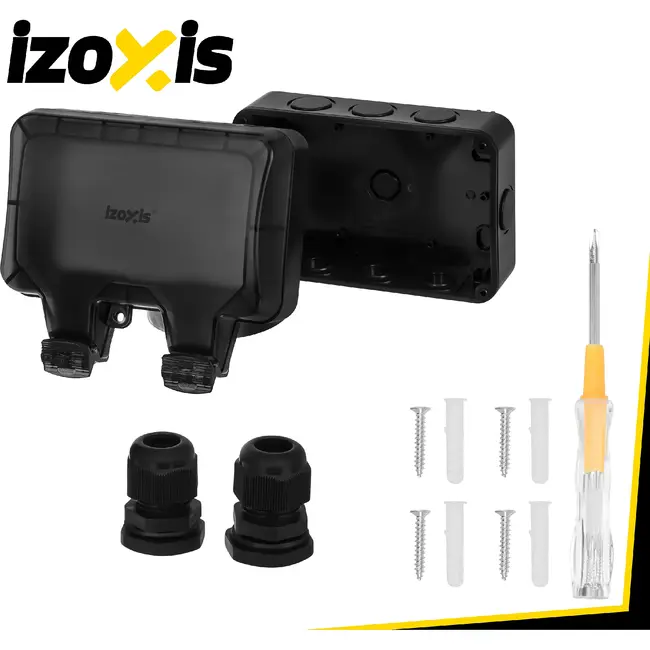 Izoxis Dubbel buitenstopcontact IP66 230 tot 250 V met 2 aansluitingen, ABS behuizing, klep en opbouwmontage voor tuin