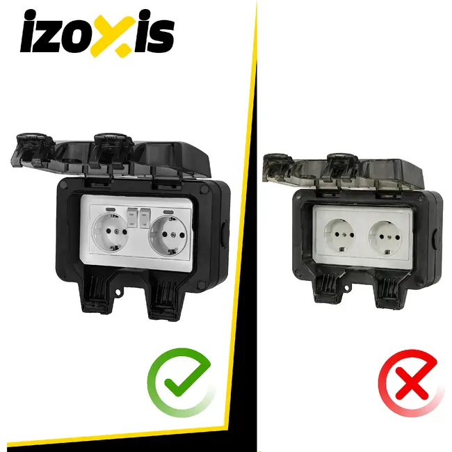 Izoxis Dubbel buitenstopcontact IP66 230 tot 250 V met 2 aansluitingen, ABS behuizing, klep en opbouwmontage voor tuin