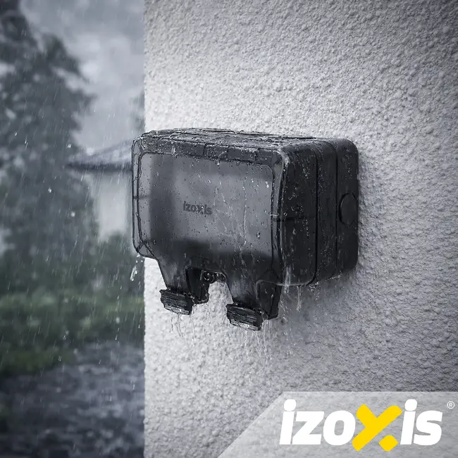 Izoxis Dubbel buitenstopcontact IP66 230 tot 250 V met 2 aansluitingen, ABS behuizing, klep en opbouwmontage voor tuin