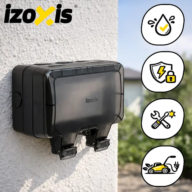 Izoxis Dubbel buitenstopcontact IP66 230 tot 250 V met 2 aansluitingen, ABS behuizing, klep en opbouwmontage voor tuin