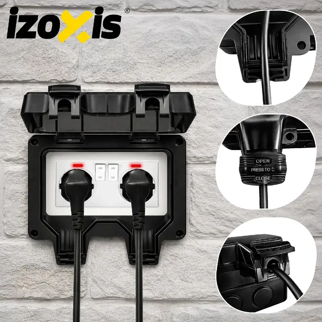 Izoxis Dubbel buitenstopcontact IP66 230 tot 250 V met 2 aansluitingen, ABS behuizing, klep en opbouwmontage voor tuin