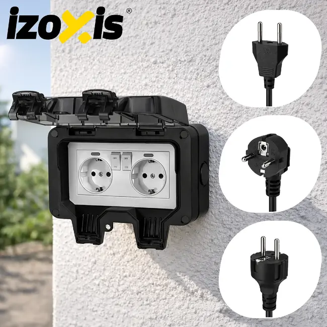 Izoxis Dubbel buitenstopcontact IP66 230 tot 250 V met 2 aansluitingen, ABS behuizing, klep en opbouwmontage voor tuin