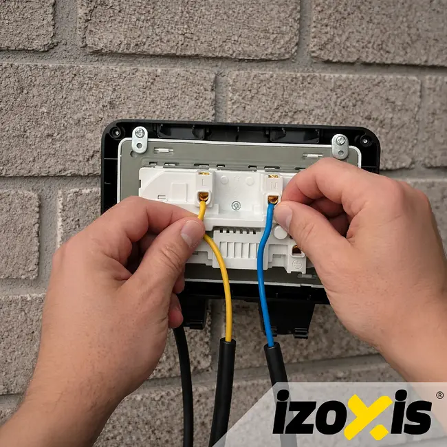 Izoxis Dubbel buitenstopcontact IP66 230 tot 250 V met 2 aansluitingen, ABS behuizing, klep en opbouwmontage voor tuin