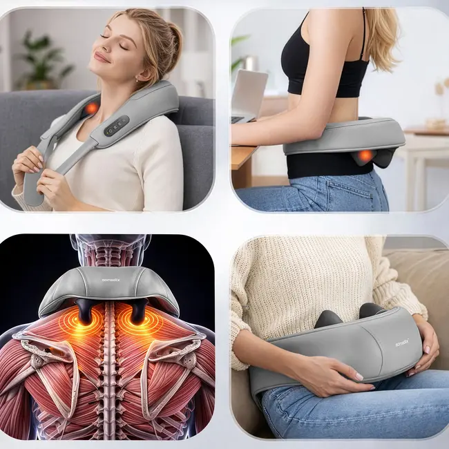 Ruhhy Shiatsu nekmassager 22,2 W met warmtefunctie, 3 massagestanden, accu tot 120 minuten, USB-C en automatische uitschakeling