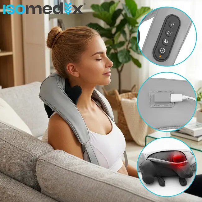 Ruhhy Shiatsu nekmassager 22,2 W met warmtefunctie, 3 massagestanden, accu tot 120 minuten, USB-C en automatische uitschakeling