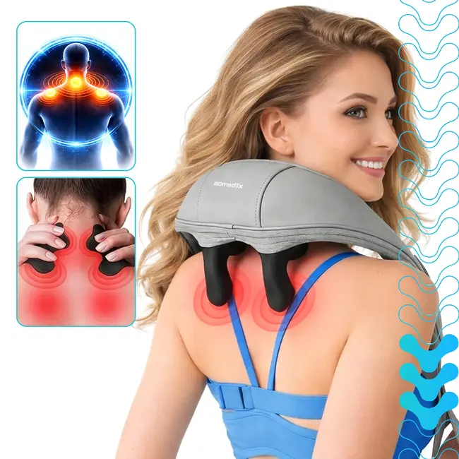 Ruhhy Shiatsu nekmassager 22,2 W met warmtefunctie, 3 massagestanden, accu tot 120 minuten, USB-C en automatische uitschakeling