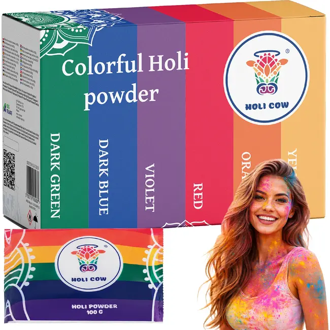 Holi Cow Holi kleurpoeder set 6 x 100 g met rood, oranje, geel, groen, blauw en paars voor kleurrijke evenementen en fotoshoots