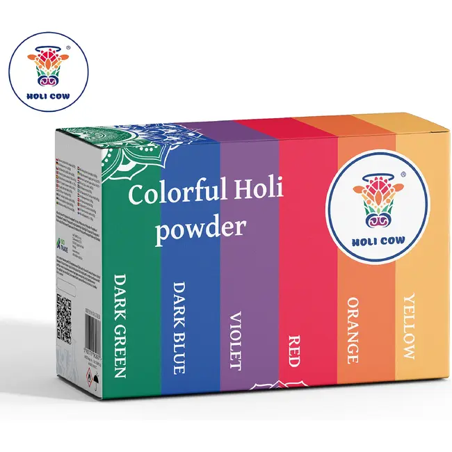 Holi Cow Holi kleurpoeder set 6 x 100 g met rood, oranje, geel, groen, blauw en paars voor kleurrijke evenementen en fotoshoots