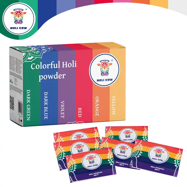 Holi Cow Holi kleurpoeder set 6 x 100 g met rood, oranje, geel, groen, blauw en paars voor kleurrijke evenementen en fotoshoots