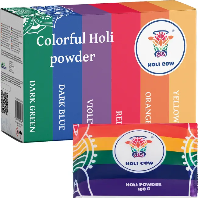 Holi Cow Holi kleurpoeder set 6 x 100 g met rood, oranje, geel, groen, blauw en paars voor kleurrijke evenementen en fotoshoots