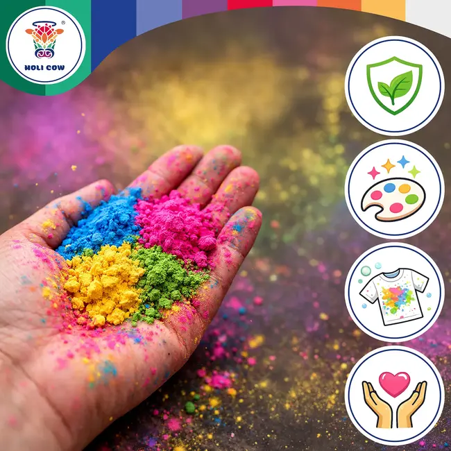 Holi Cow Holi kleurpoeder set 6 x 100 g met rood, oranje, geel, groen, blauw en paars voor kleurrijke evenementen en fotoshoots