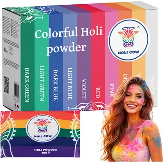 Holi Cow Kleurpoeder set met 10 zakjes van 100 g en 10 kleuren voor festivals, verjaardagen, evenementen en fotoshoots