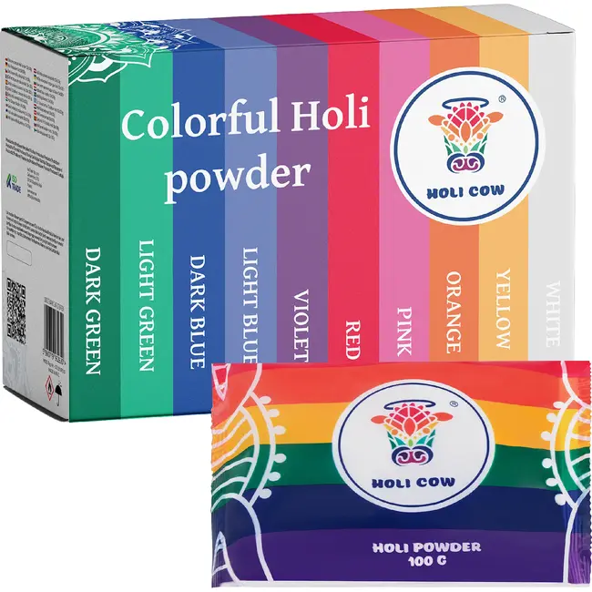 Holi Cow Kleurpoeder set met 10 zakjes van 100 g en 10 kleuren voor festivals, verjaardagen, evenementen en fotoshoots