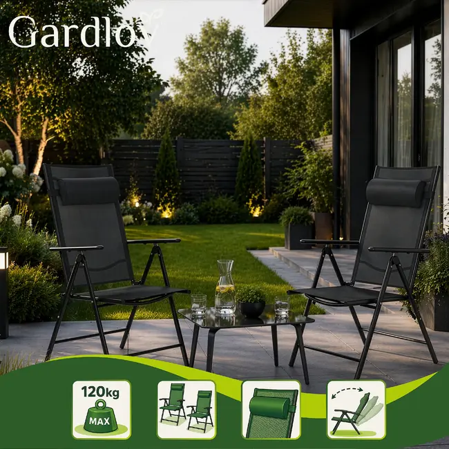 Gardlov Zwarte inklapbare tuinstoelen set van 2 met verstelbare rugleuning en hoofdsteunen voor tuin