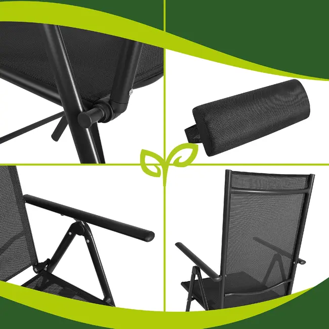Gardlov Zwarte inklapbare tuinstoelen set van 2 met verstelbare rugleuning en hoofdsteunen voor tuin