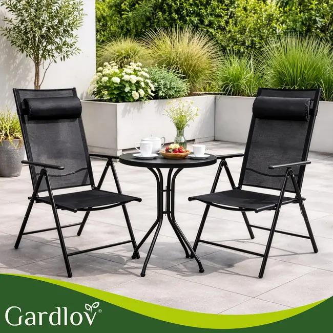 Gardlov Zwarte inklapbare tuinstoelen set van 2 met verstelbare rugleuning en hoofdsteunen voor tuin