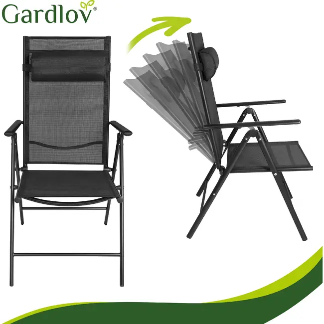 Gardlov Zwarte inklapbare tuinstoelen set van 2 met verstelbare rugleuning en hoofdsteunen voor tuin