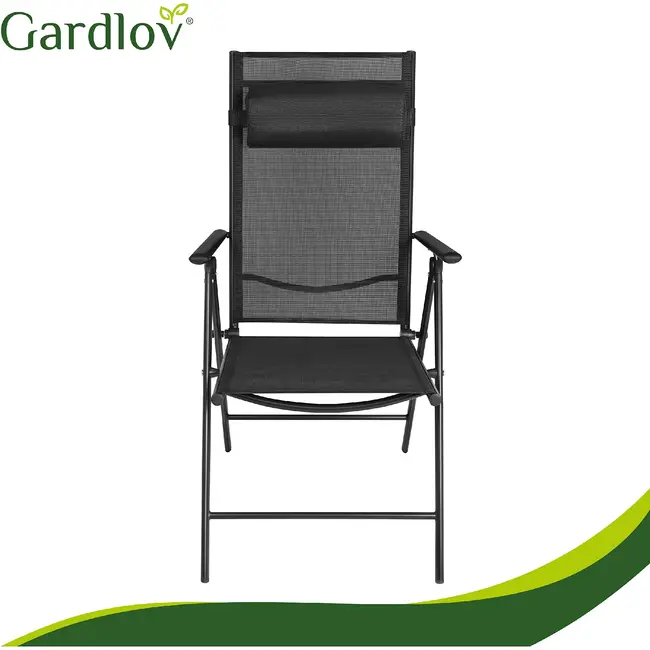 Gardlov Zwarte inklapbare tuinstoelen set van 2 met verstelbare rugleuning en hoofdsteunen voor tuin
