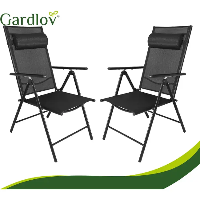 Gardlov Zwarte inklapbare tuinstoelen set van 2 met verstelbare rugleuning en hoofdsteunen voor tuin