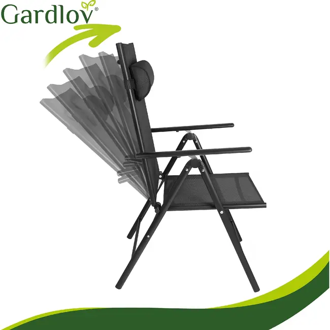 Gardlov Zwarte inklapbare tuinstoelen set van 2 met verstelbare rugleuning en hoofdsteunen voor tuin
