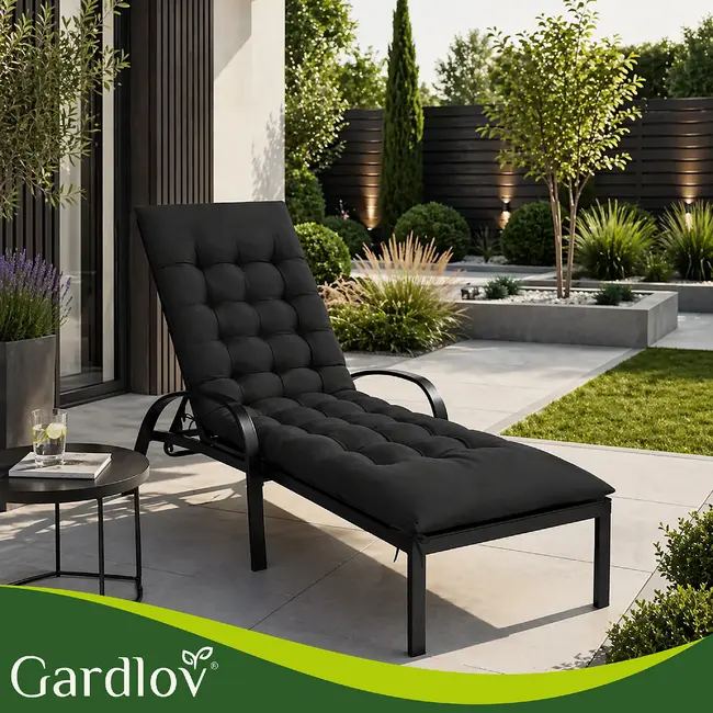 Gardlov Zwart gewatteerd ligbedkussen 180 x 56 x 9 cm met rugleuningflap en bindbanden voor tuinligbed