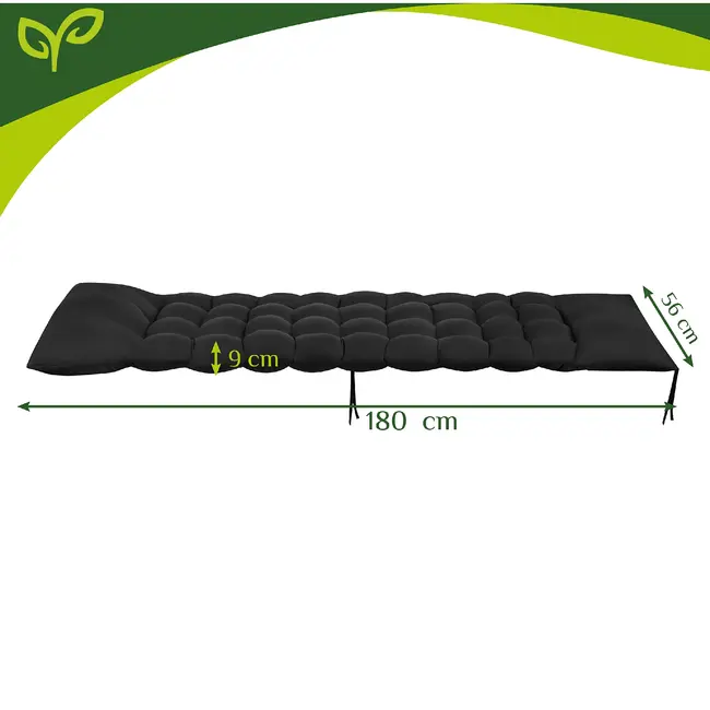 Gardlov Zwart gewatteerd ligbedkussen 180 x 56 x 9 cm met rugleuningflap en bindbanden voor tuinligbed
