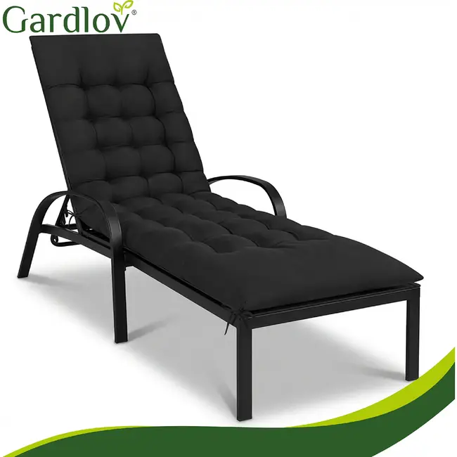 Gardlov Zwart gewatteerd ligbedkussen 180 x 56 x 9 cm met rugleuningflap en bindbanden voor tuinligbed