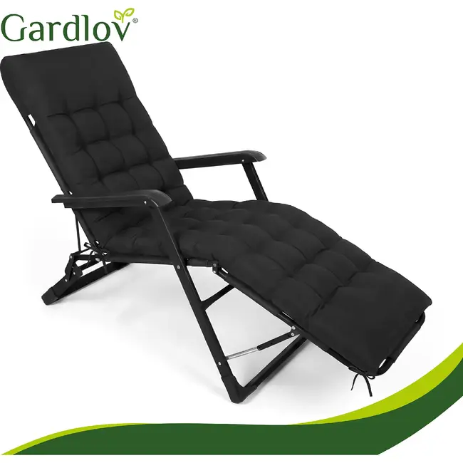 Gardlov Zwart gewatteerd ligbedkussen 180 x 56 x 9 cm met rugleuningflap en bindbanden voor tuinligbed