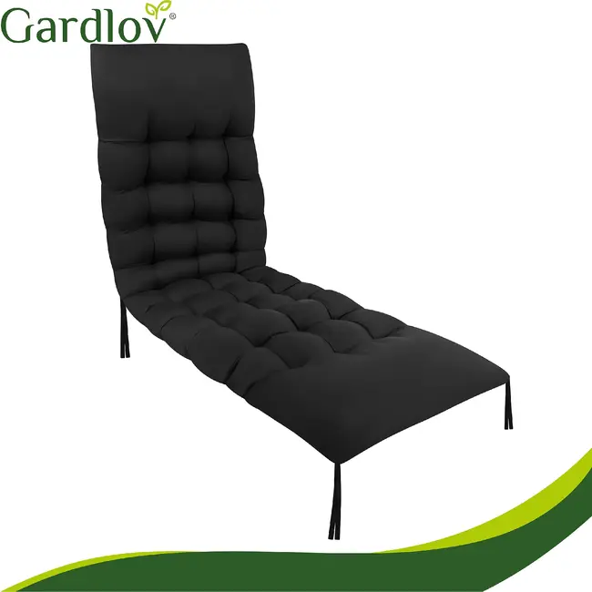 Gardlov Zwart gewatteerd ligbedkussen 180 x 56 x 9 cm met rugleuningflap en bindbanden voor tuinligbed