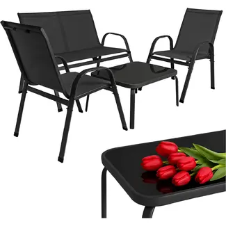 Gardlov Zwarte balkonmeubelset 4-persoons met bank, 2 fauteuils en lage glazen tafel buiten