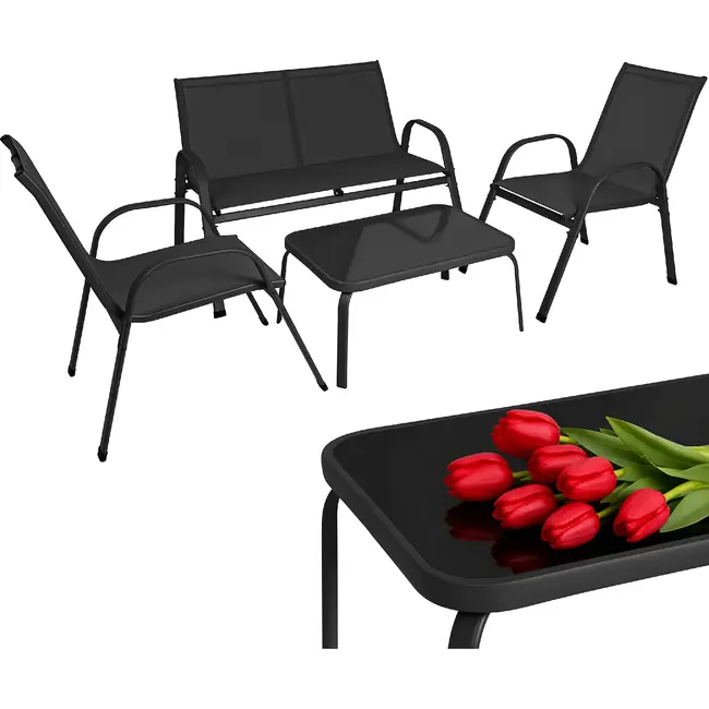 Gardlov Zwarte balkonmeubelset 4-persoons met bank, 2 fauteuils en lage glazen tafel buiten