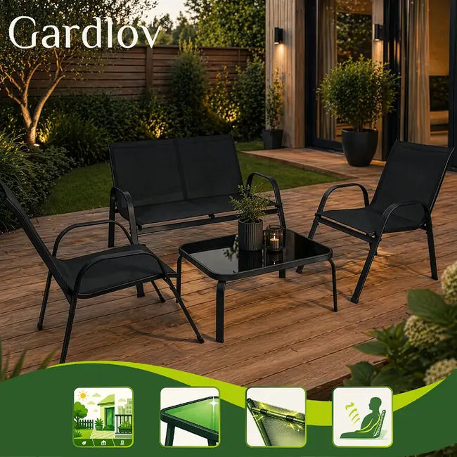 Gardlov Zwarte balkonmeubelset 4-persoons met bank, 2 fauteuils en lage glazen tafel buiten