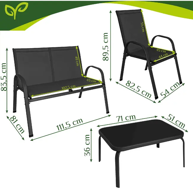 Gardlov Zwarte balkonmeubelset 4-persoons met bank, 2 fauteuils en lage glazen tafel buiten