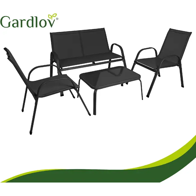 Gardlov Zwarte balkonmeubelset 4-persoons met bank, 2 fauteuils en lage glazen tafel buiten