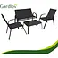 Gardlov Zwarte balkonmeubelset 4-persoons met bank, 2 fauteuils en lage glazen tafel buiten