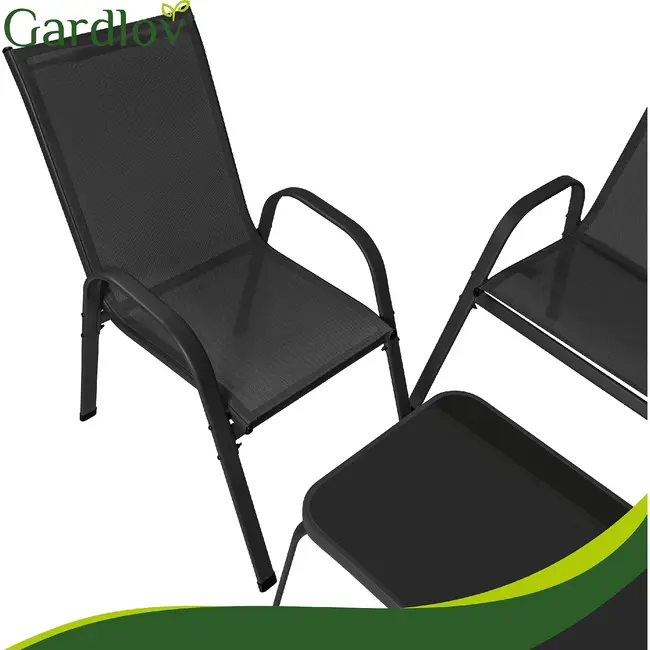 Gardlov Zwarte balkonmeubelset 4-persoons met bank, 2 fauteuils en lage glazen tafel buiten