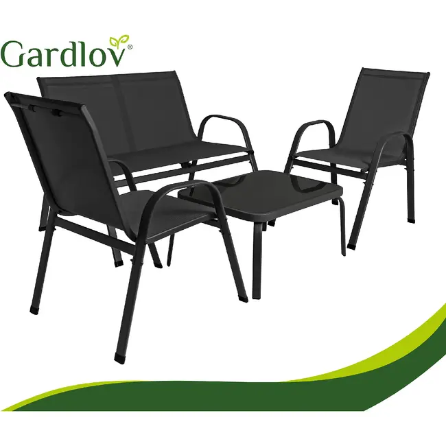 Gardlov Zwarte balkonmeubelset 4-persoons met bank, 2 fauteuils en lage glazen tafel buiten